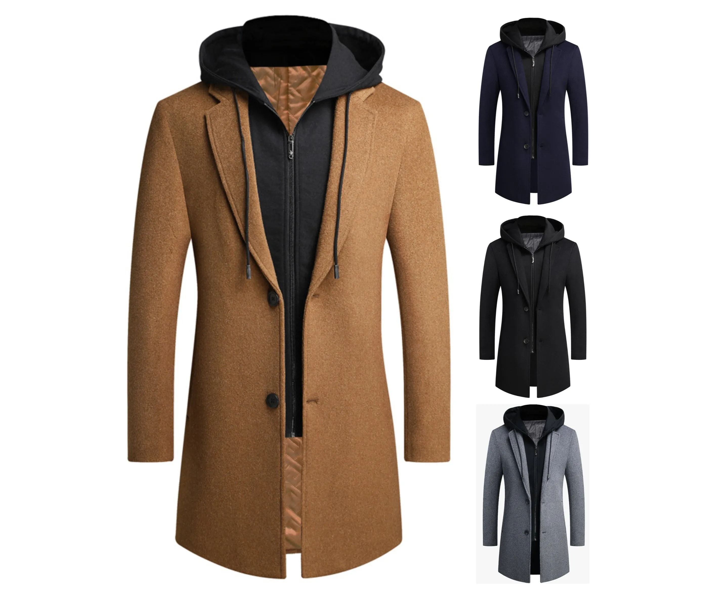 Men's Windproof Long Softshell Hooded Trench Jackets Side Pockets Double Breasted Warm Overcoat | 1909-3