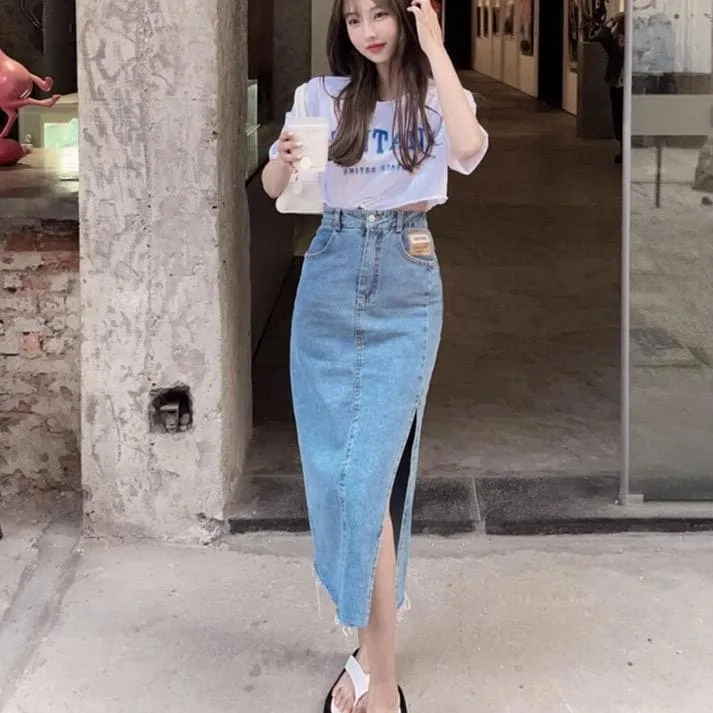 Midi Denim Skirt With Side Slit