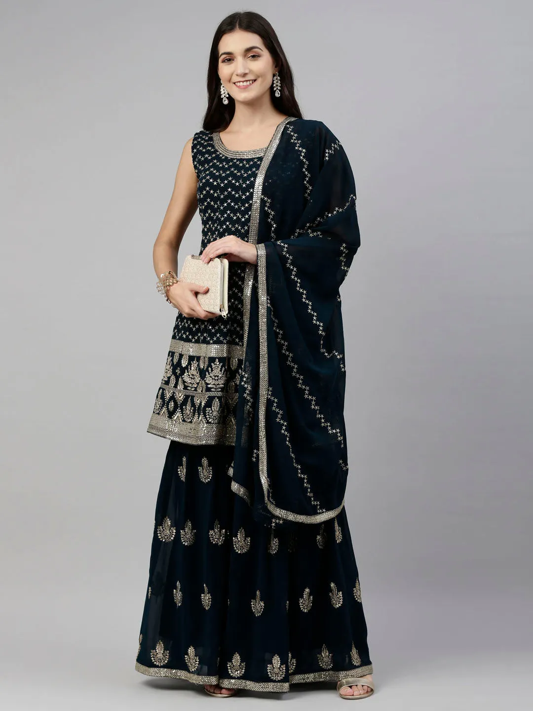 Neeru's Blue Color Georgette Fabric Suit-Short Anarkali