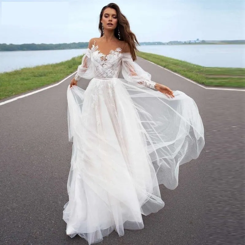 Off Shoulder Bohemian A Line Tulle Lace Princess Bridal Wedding Dress