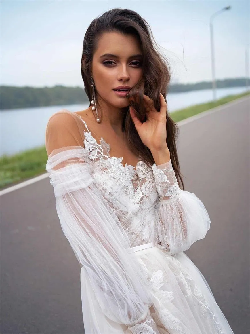 Off Shoulder Bohemian A Line Tulle Lace Princess Bridal Wedding Dress