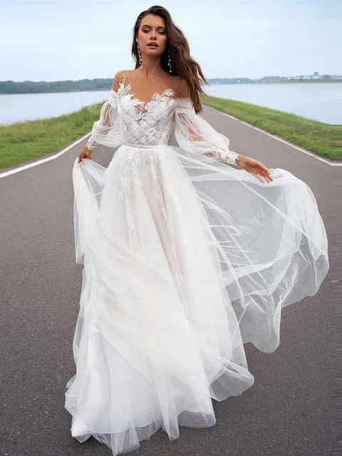 Off Shoulder Bohemian A Line Tulle Lace Princess Bridal Wedding Dress