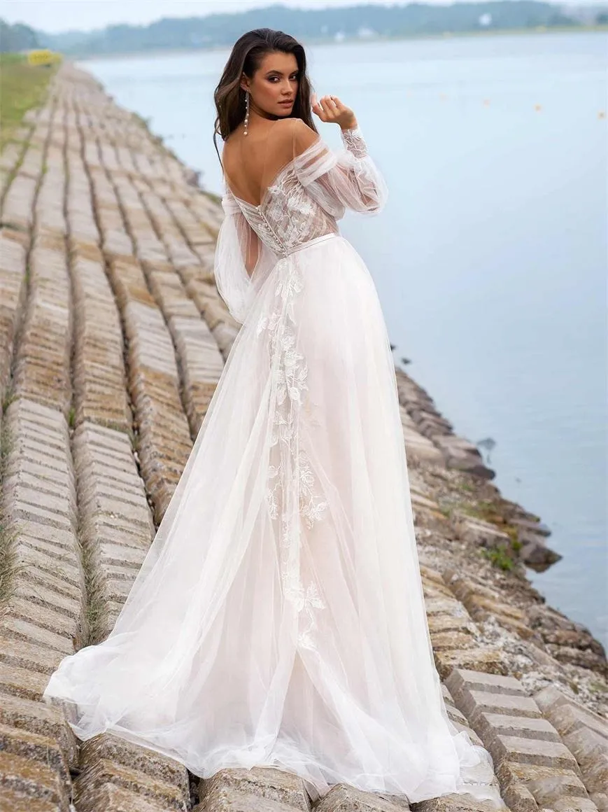 Off Shoulder Bohemian A Line Tulle Lace Princess Bridal Wedding Dress