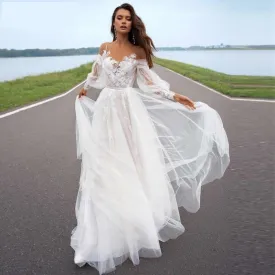 Off Shoulder Bohemian A Line Tulle Lace Princess Bridal Wedding Dress