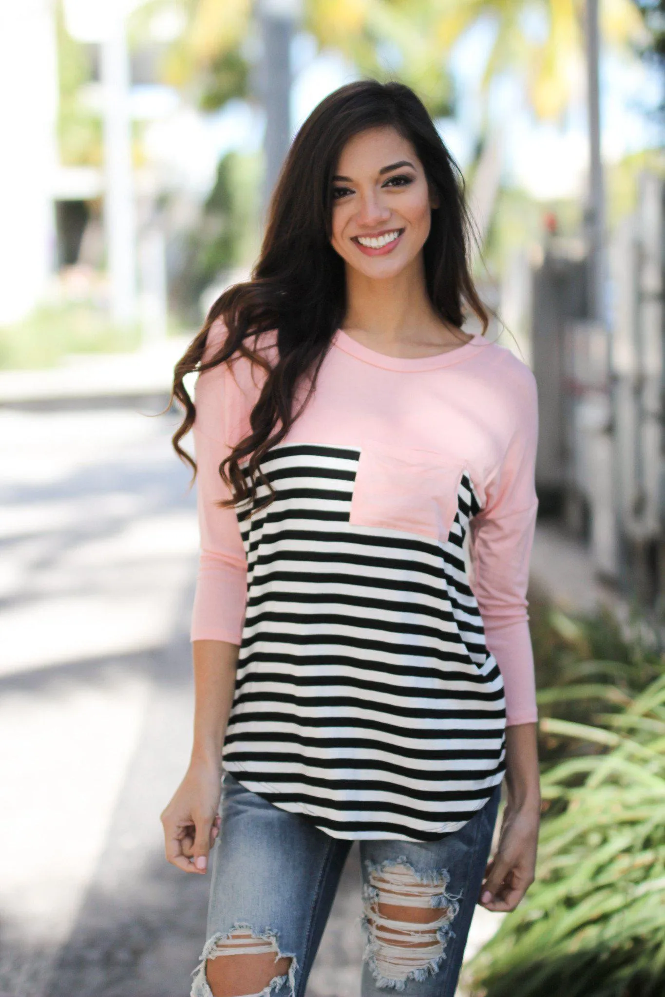 Pink Striped Top with Pocket