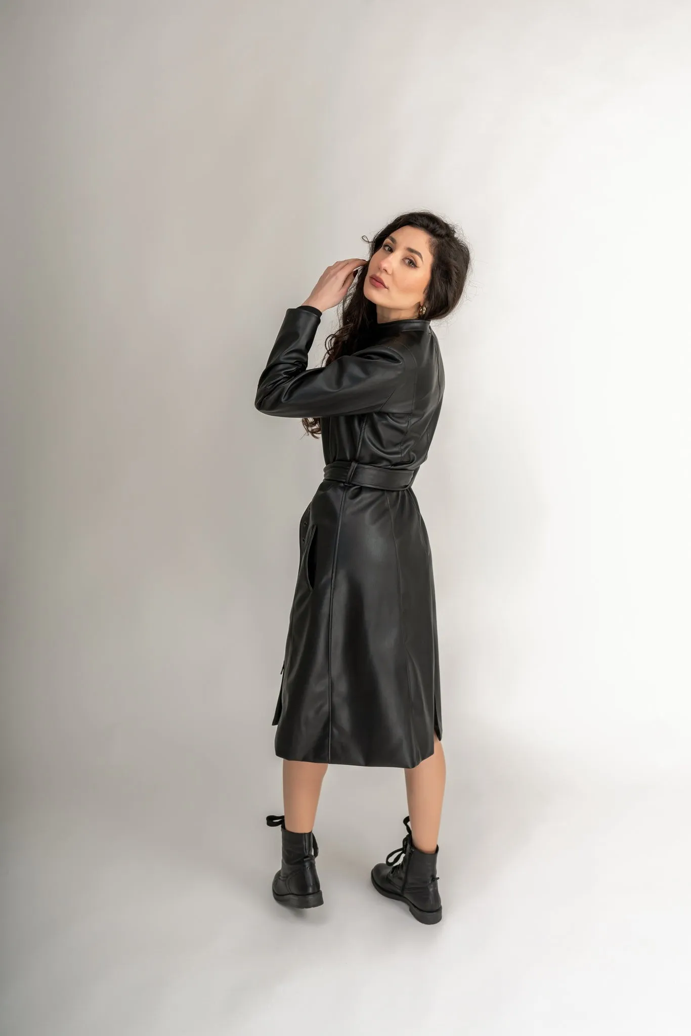 "Chelsea" Faux Leather Trench Coat In Black