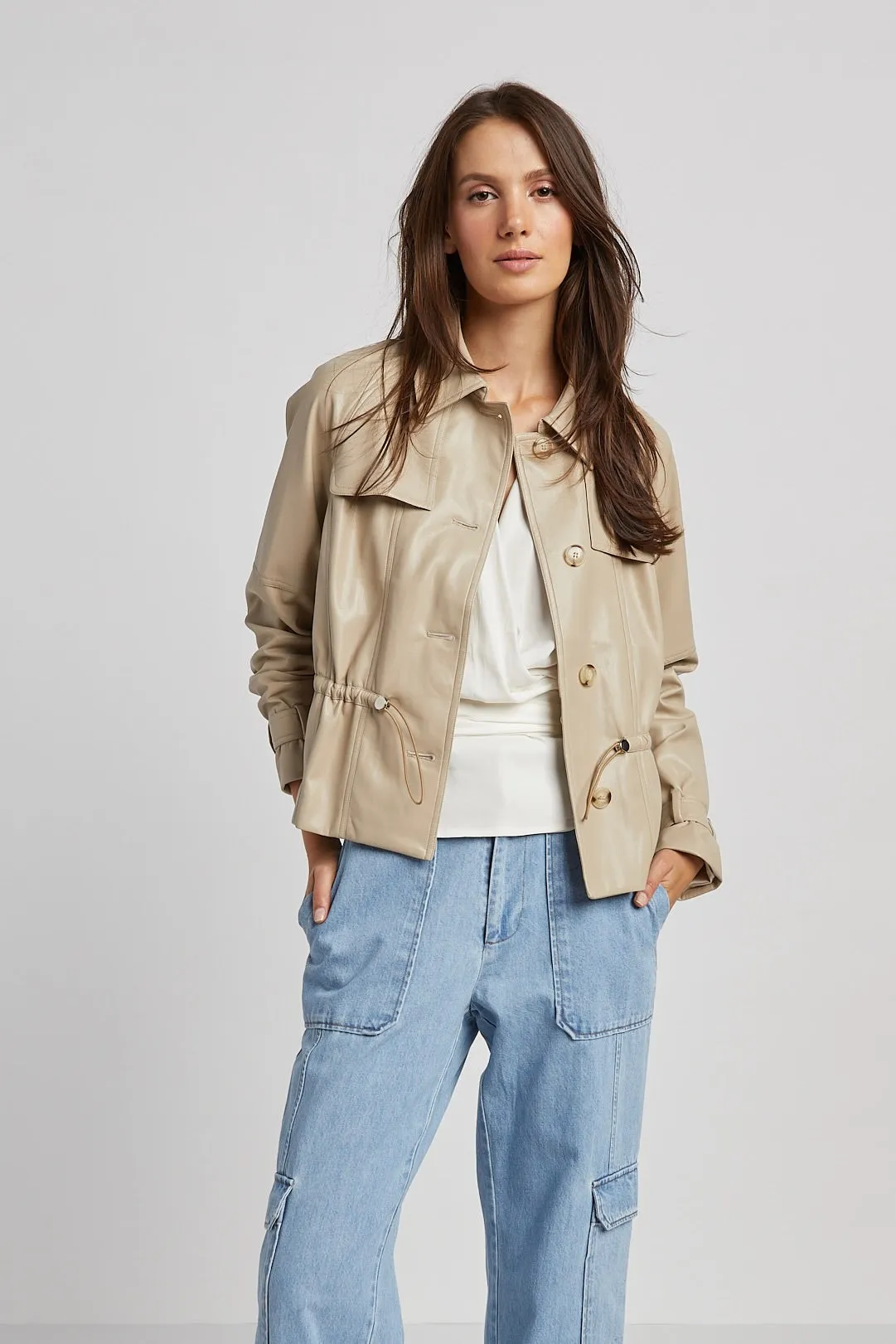 Rae Short Vegan Leather Trench Coat - Sand