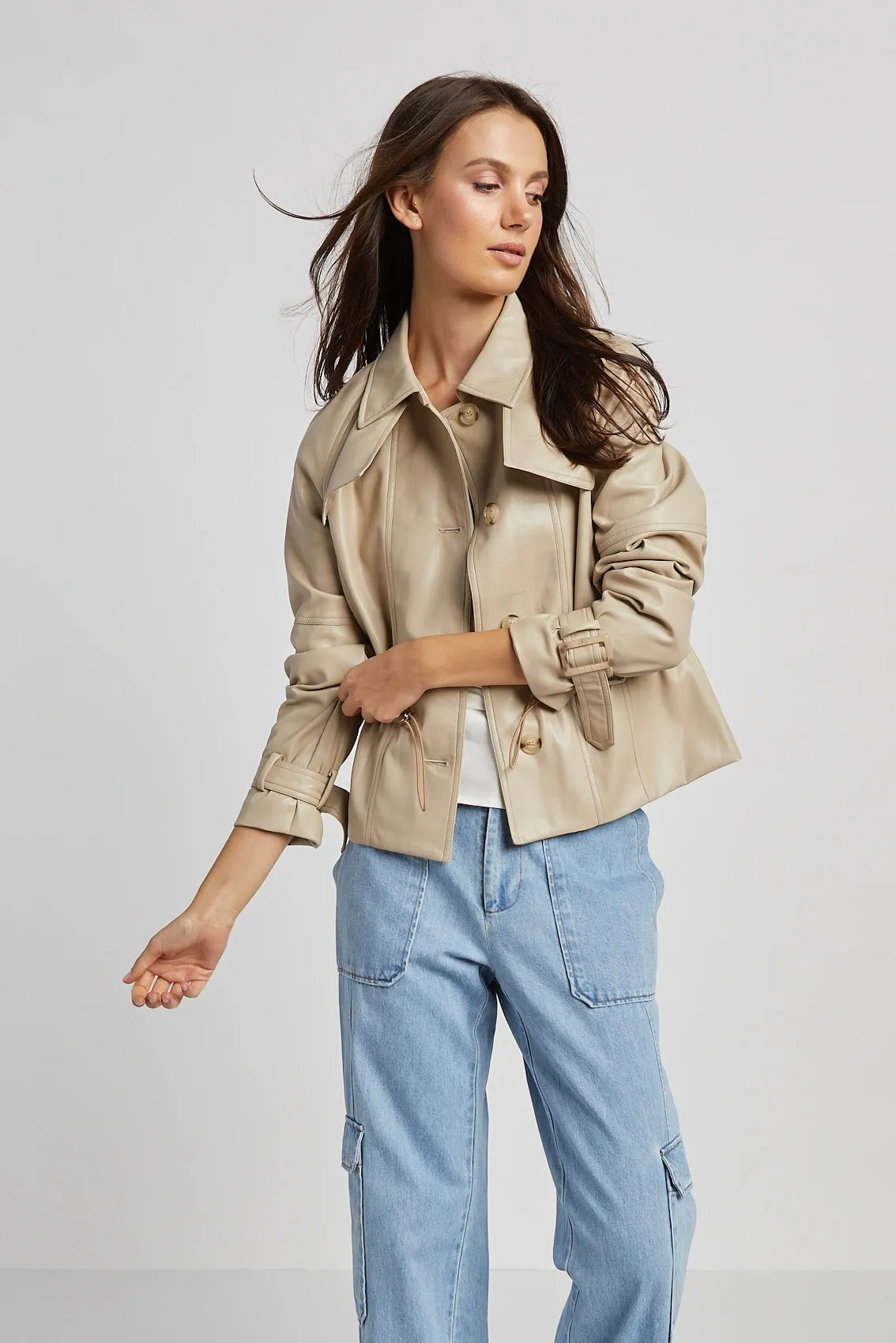 Rae Short Vegan Leather Trench Coat - Sand