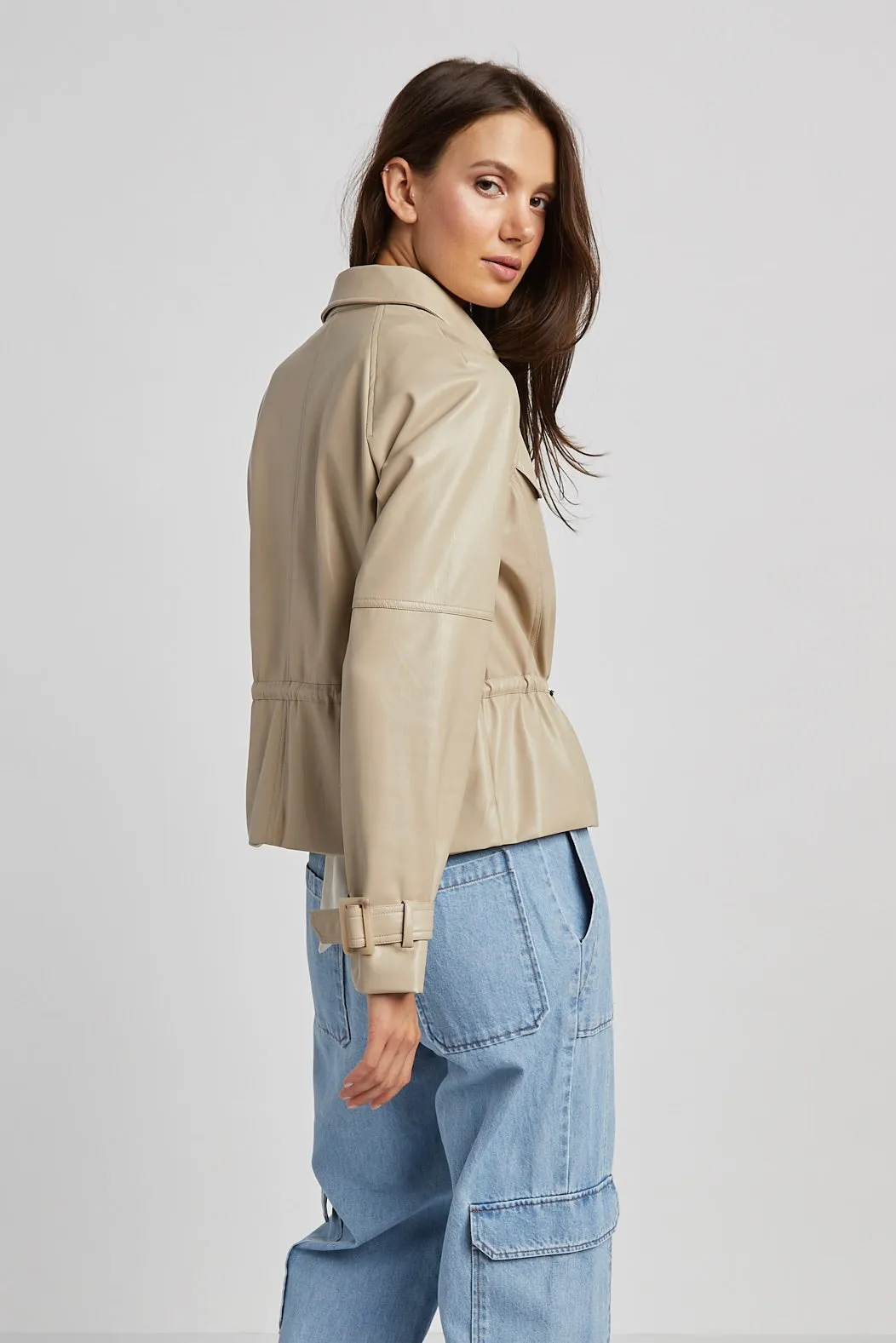 Rae Short Vegan Leather Trench Coat - Sand