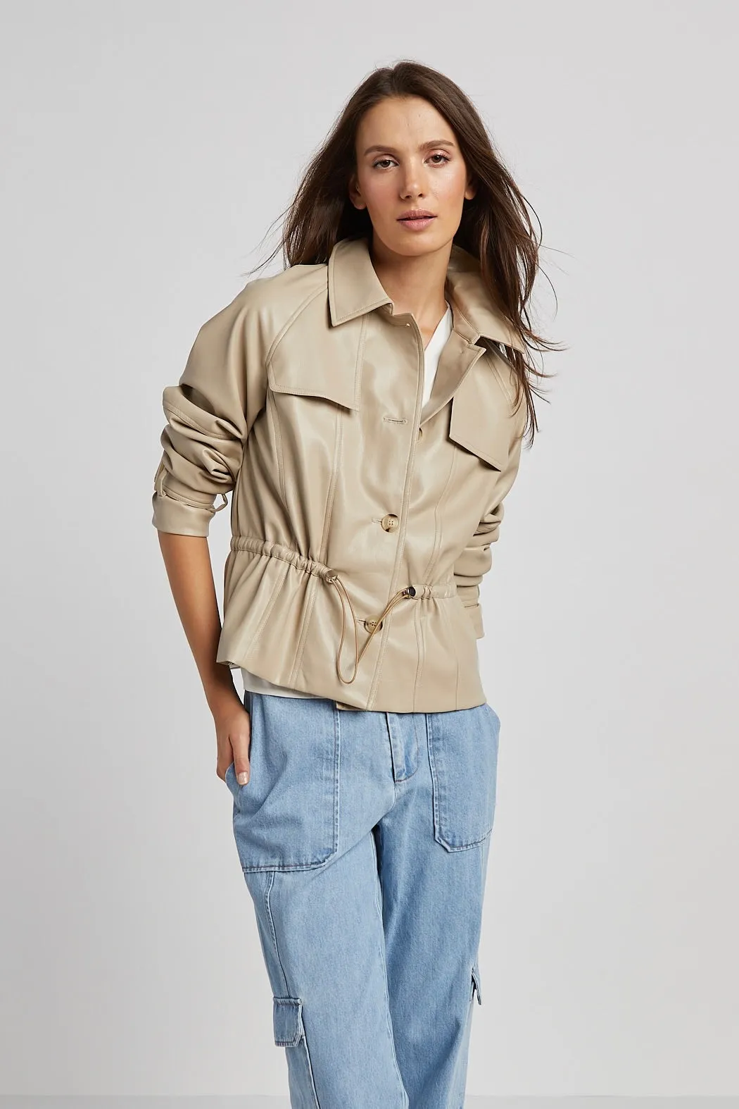 Rae Short Vegan Leather Trench Coat - Sand