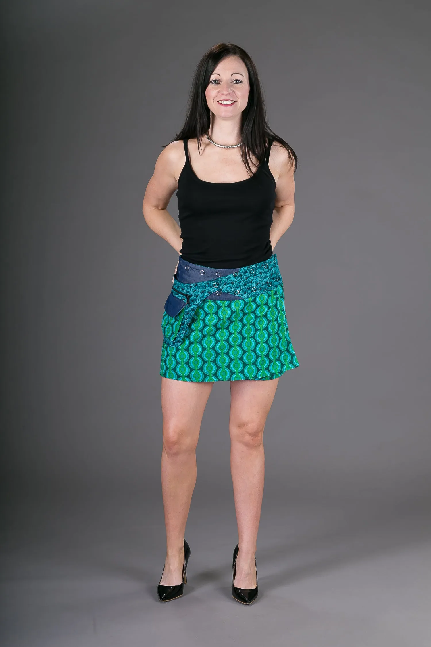 Reversible Cotton Denim Skirt Green Print with Pocket