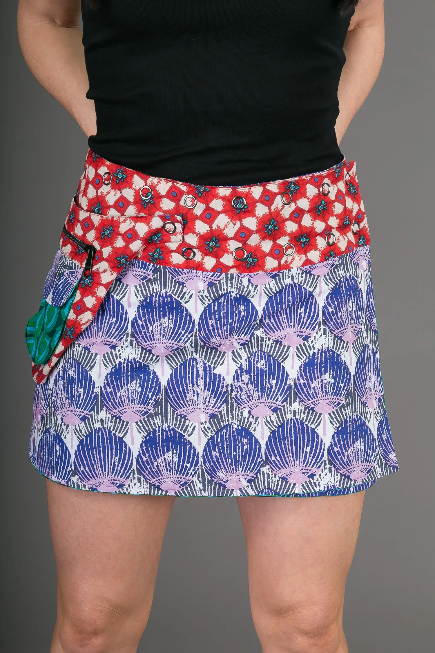 Reversible Cotton Skirt Green Purple Print with Pocket