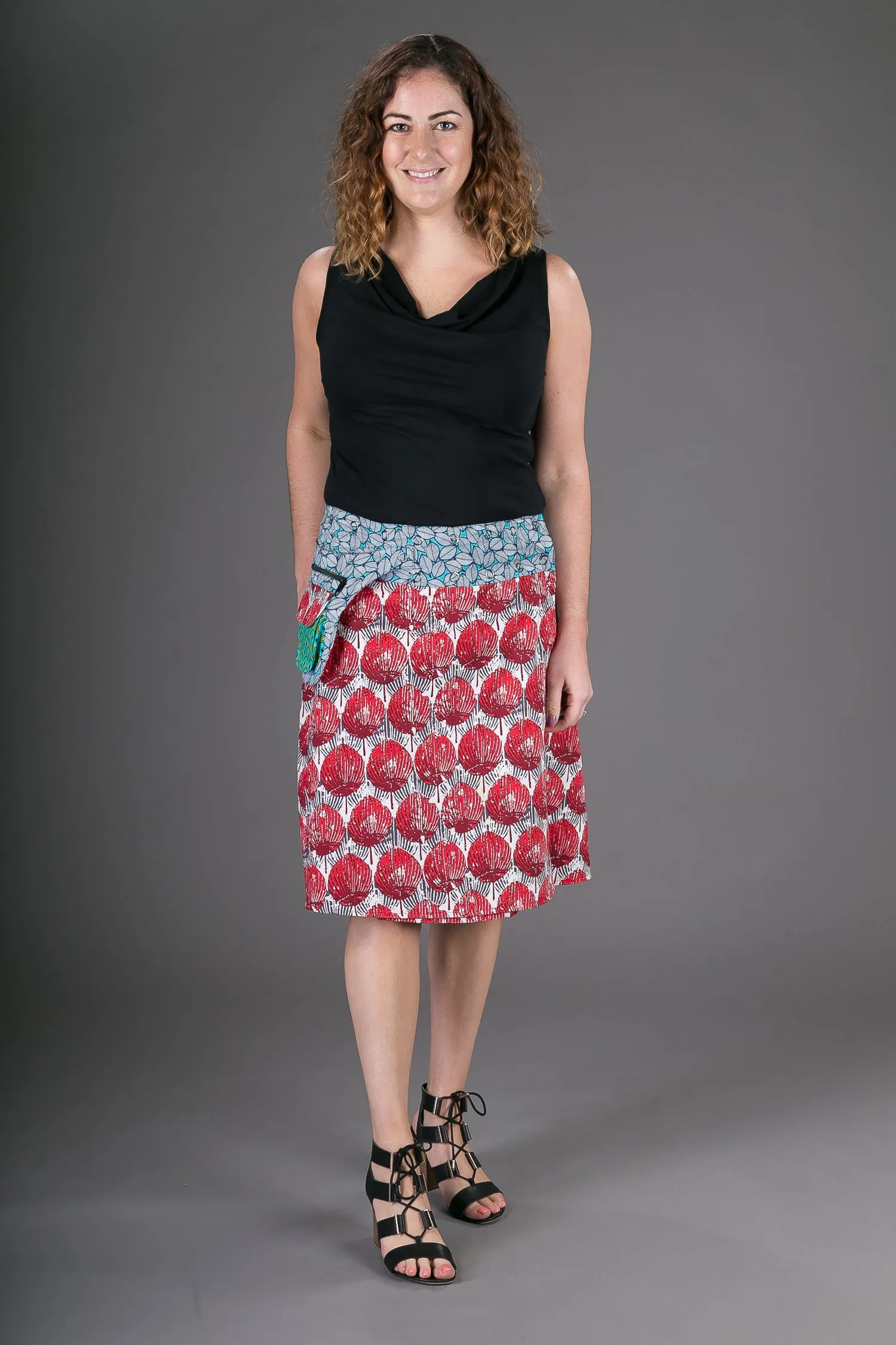 Reversible Cotton Skirt Green Red Floral Print with Pocket