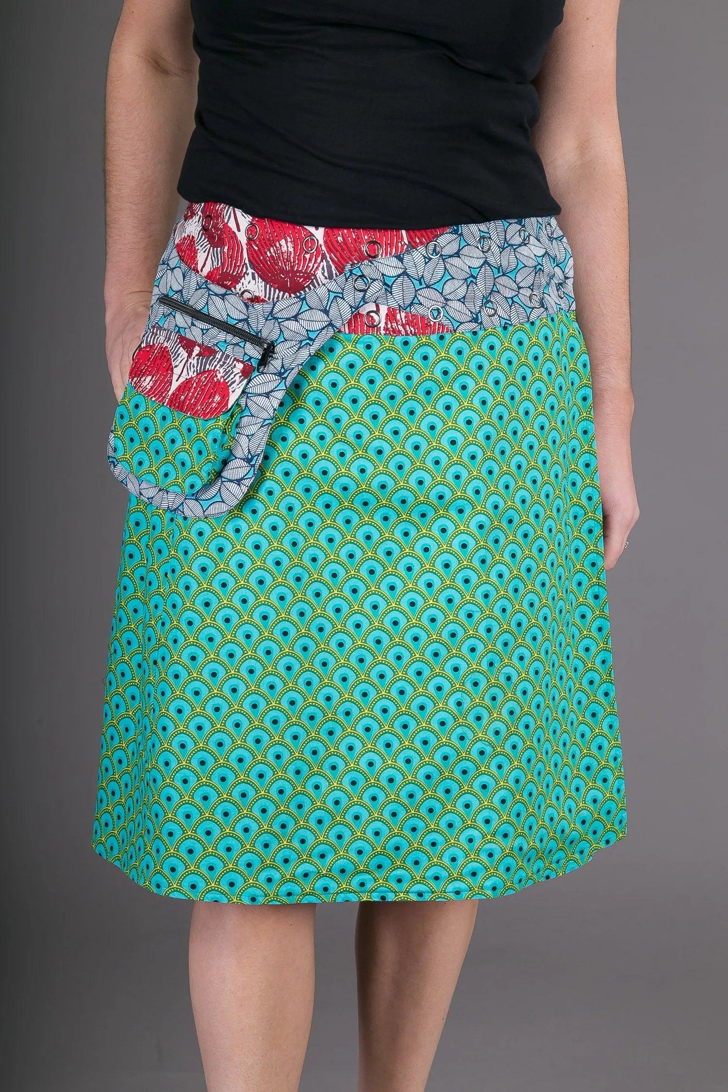 Reversible Cotton Skirt Green Red Floral Print with Pocket