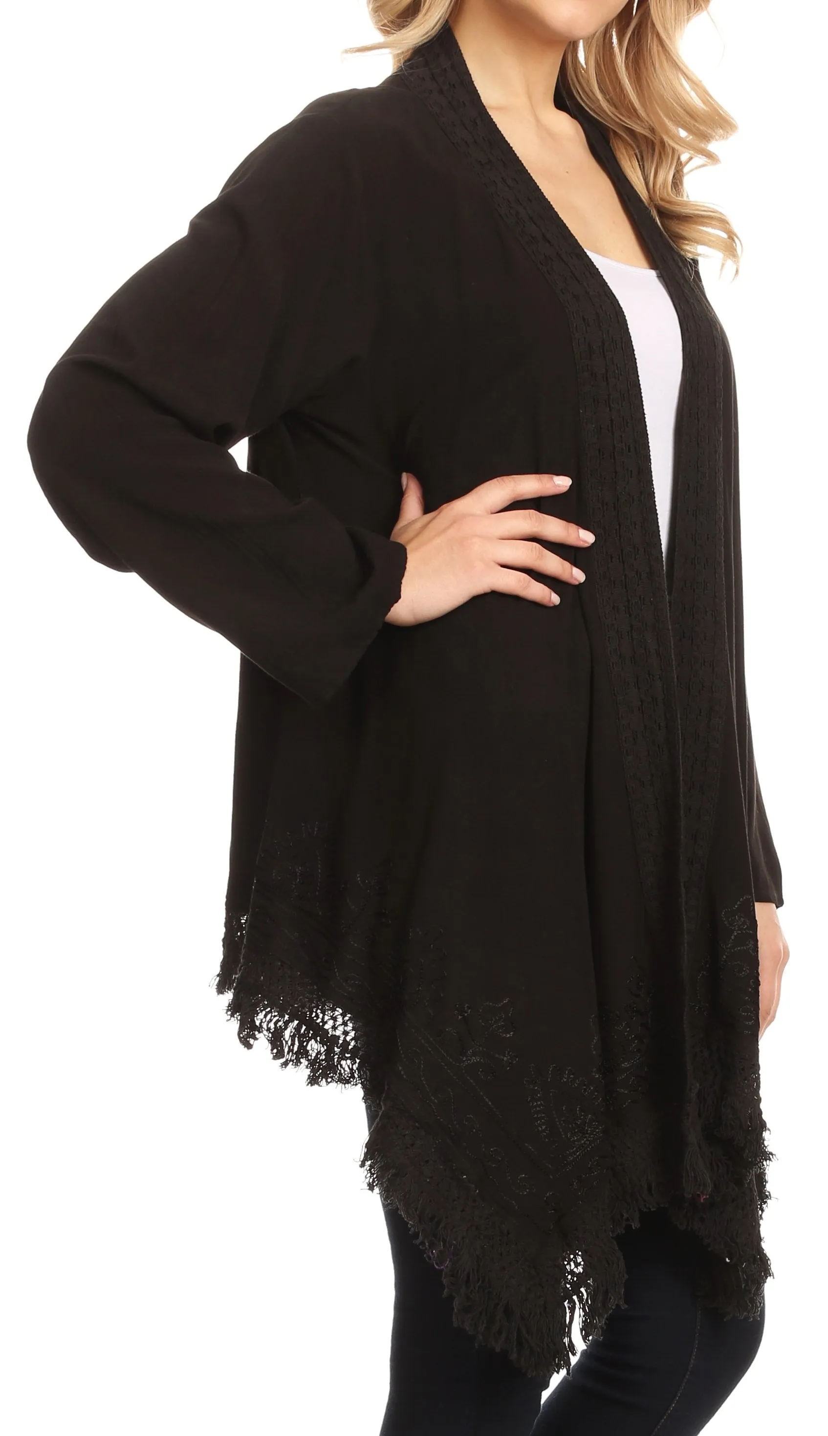 Sakkas Iris Womens Asymmetrical Cardigan Shrug Top with Embroidery and Fringe