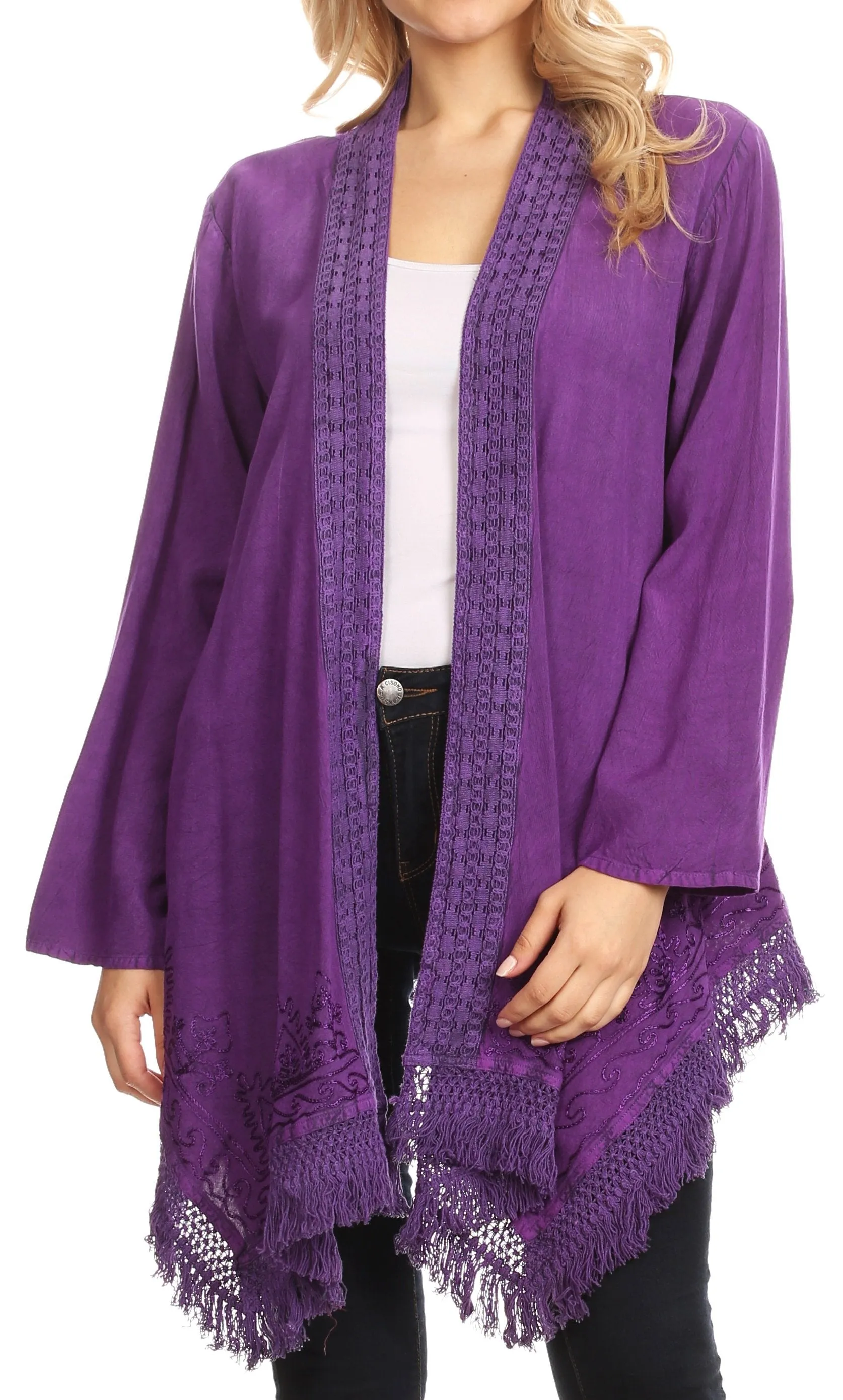 Sakkas Iris Womens Asymmetrical Cardigan Shrug Top with Embroidery and Fringe