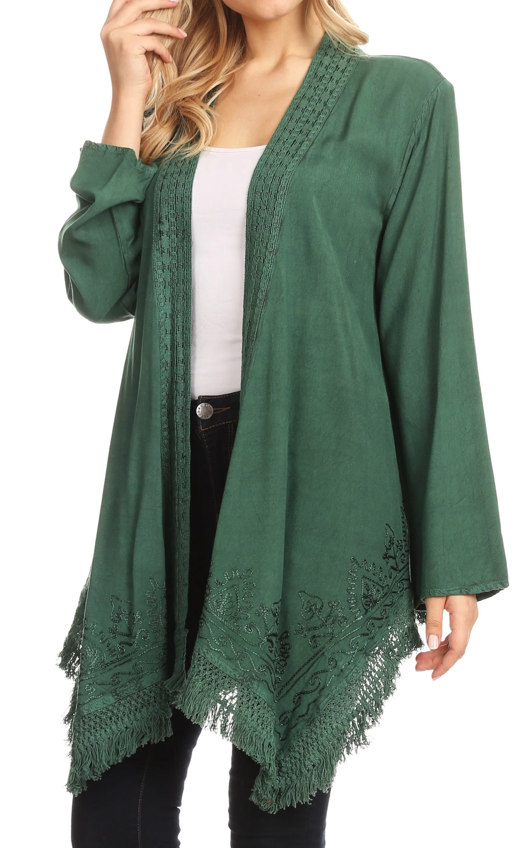 Sakkas Iris Womens Asymmetrical Cardigan Shrug Top with Embroidery and Fringe