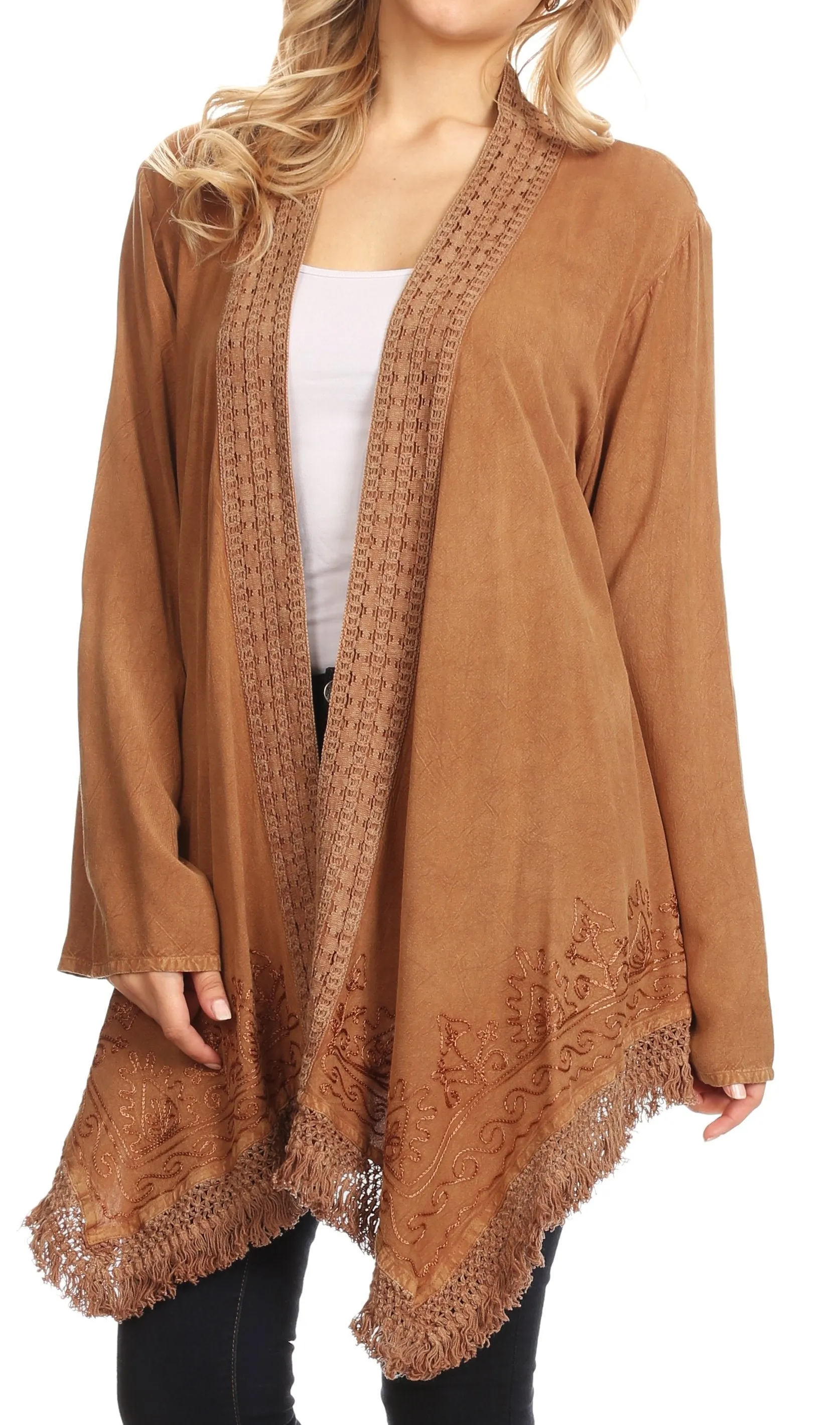 Sakkas Iris Womens Asymmetrical Cardigan Shrug Top with Embroidery and Fringe