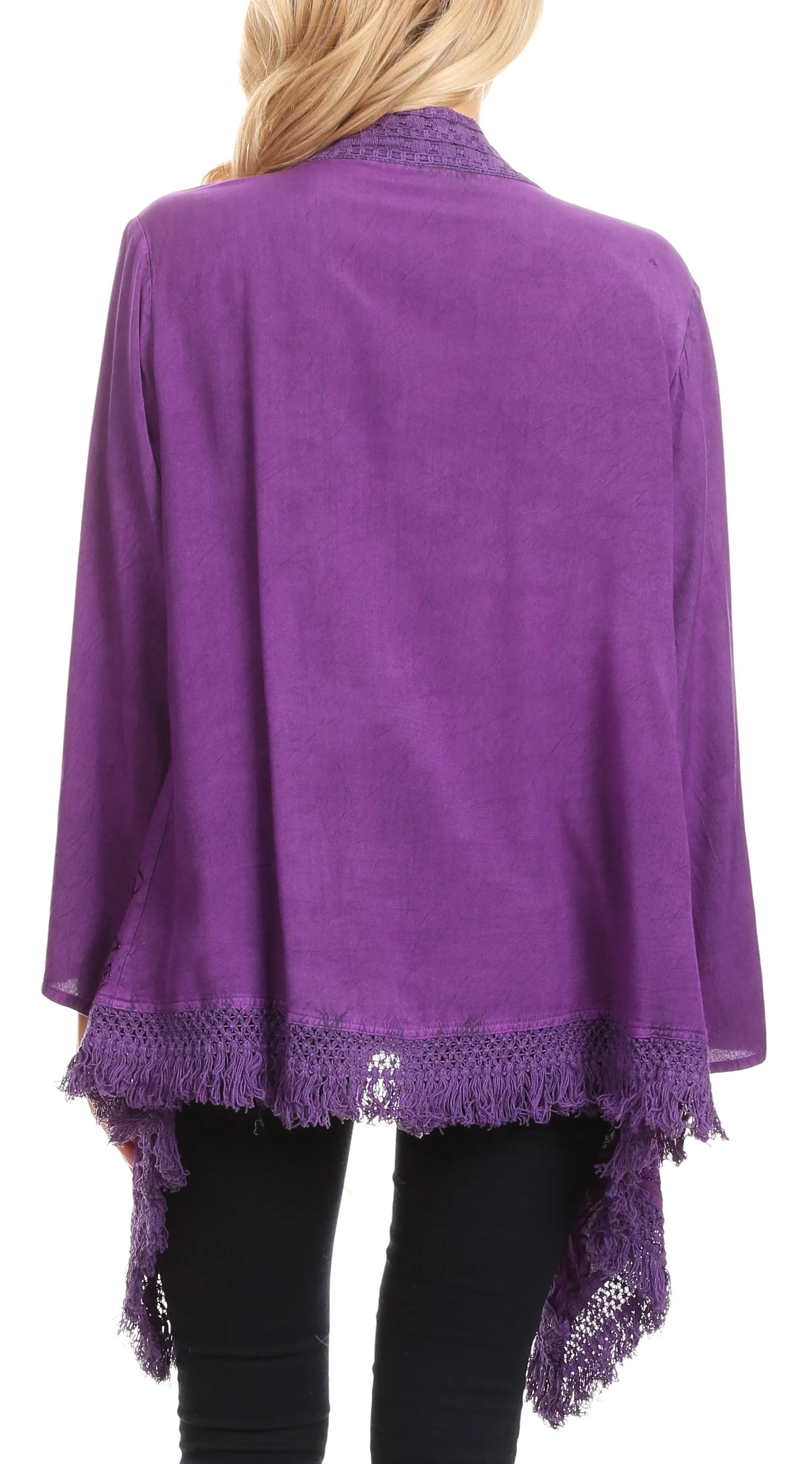 Sakkas Iris Womens Asymmetrical Cardigan Shrug Top with Embroidery and Fringe