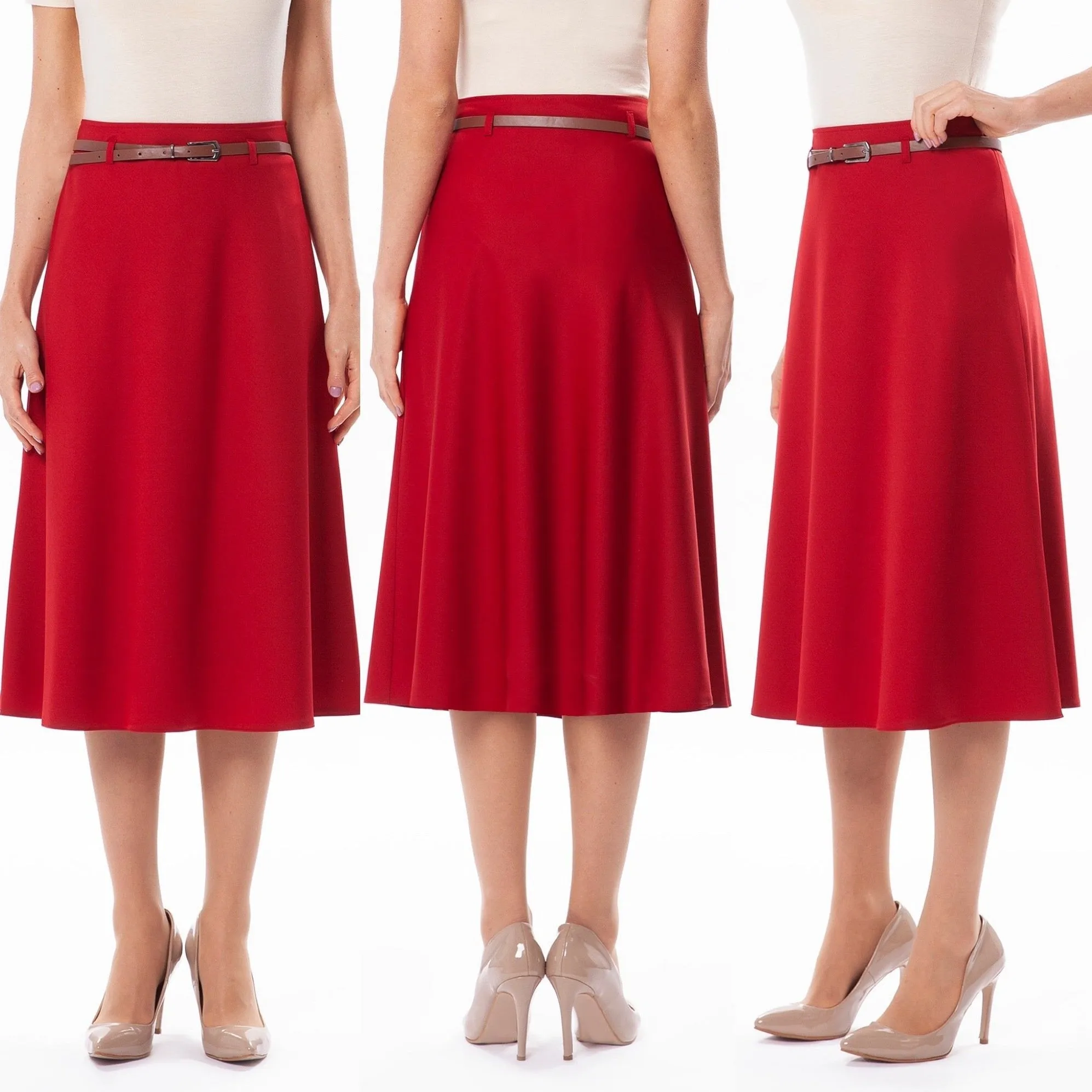 Semi Flare Knee Length Belted Skirt