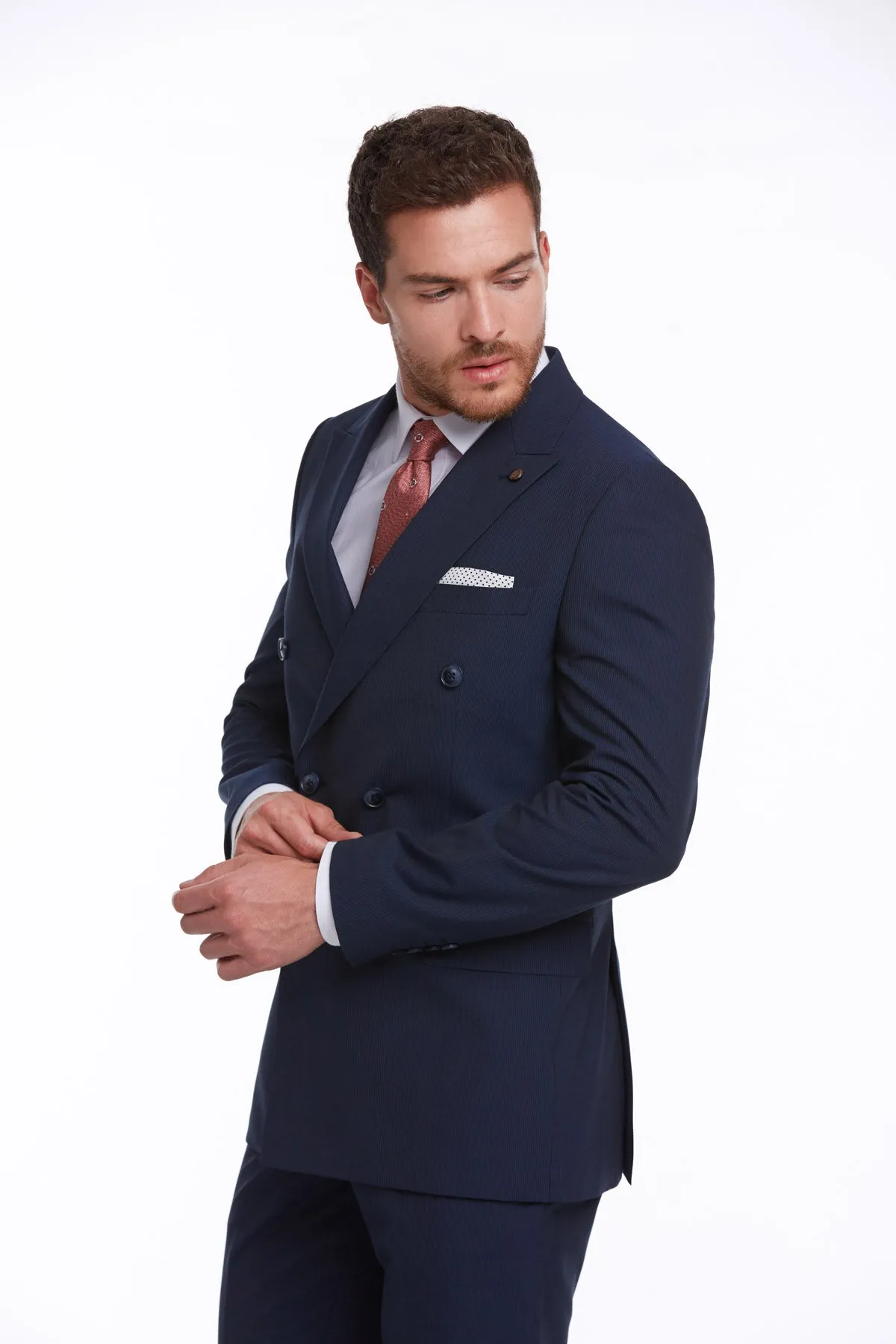 Slim Fit Double Breasted Hairline Stripe Navy Casual Suit