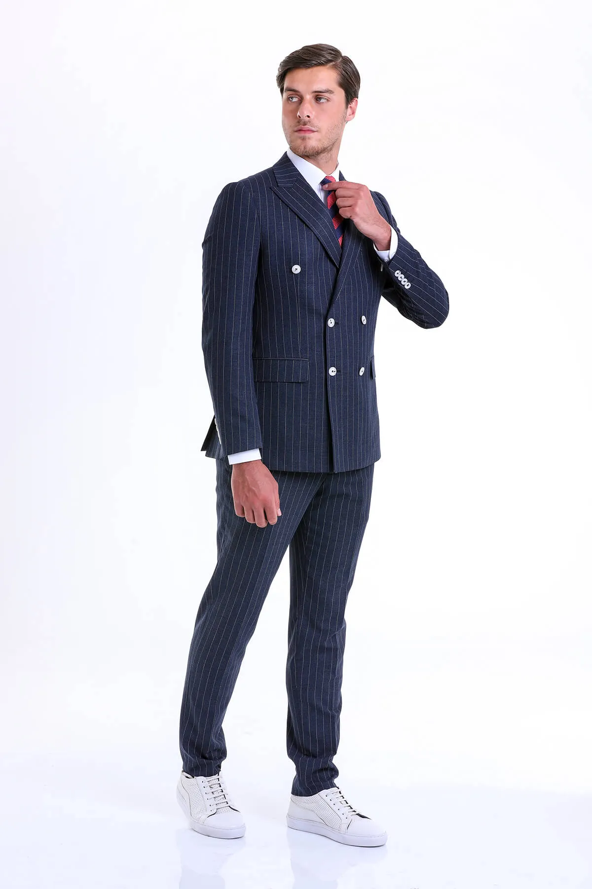 Slim Fit Double Breasted Pinstripe Navy Casual Suit