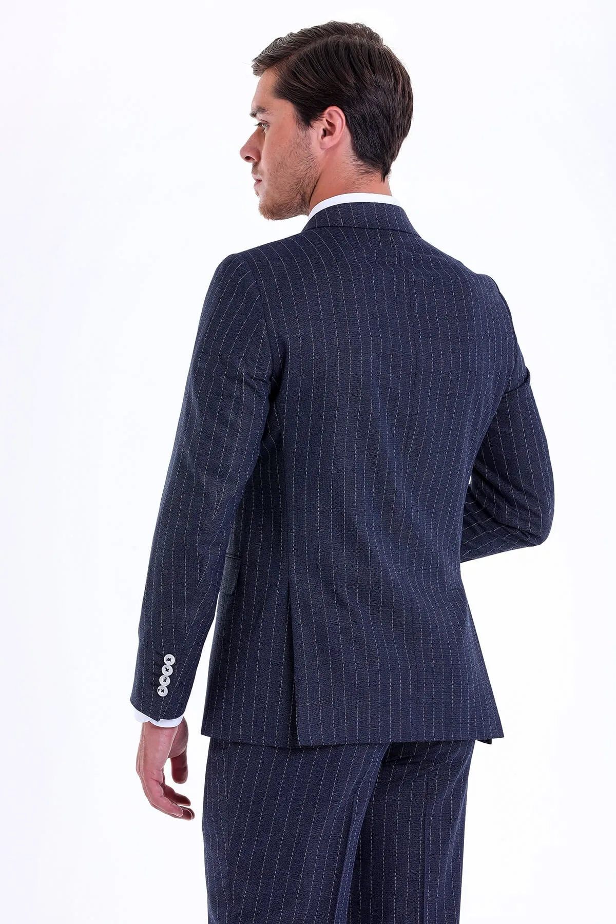 Slim Fit Double Breasted Pinstripe Navy Casual Suit