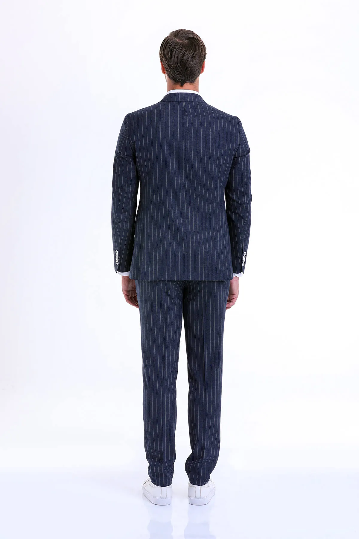 Slim Fit Double Breasted Pinstripe Navy Casual Suit