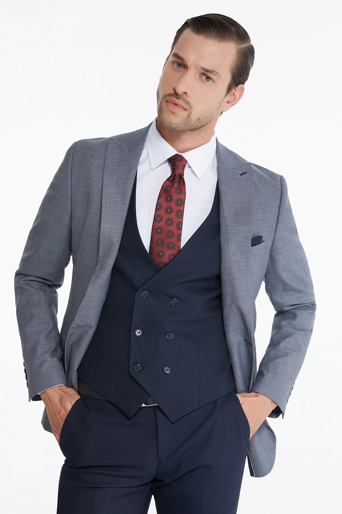 Slim Fit Gray - Navy Wool Blend Casual Suit with Vest