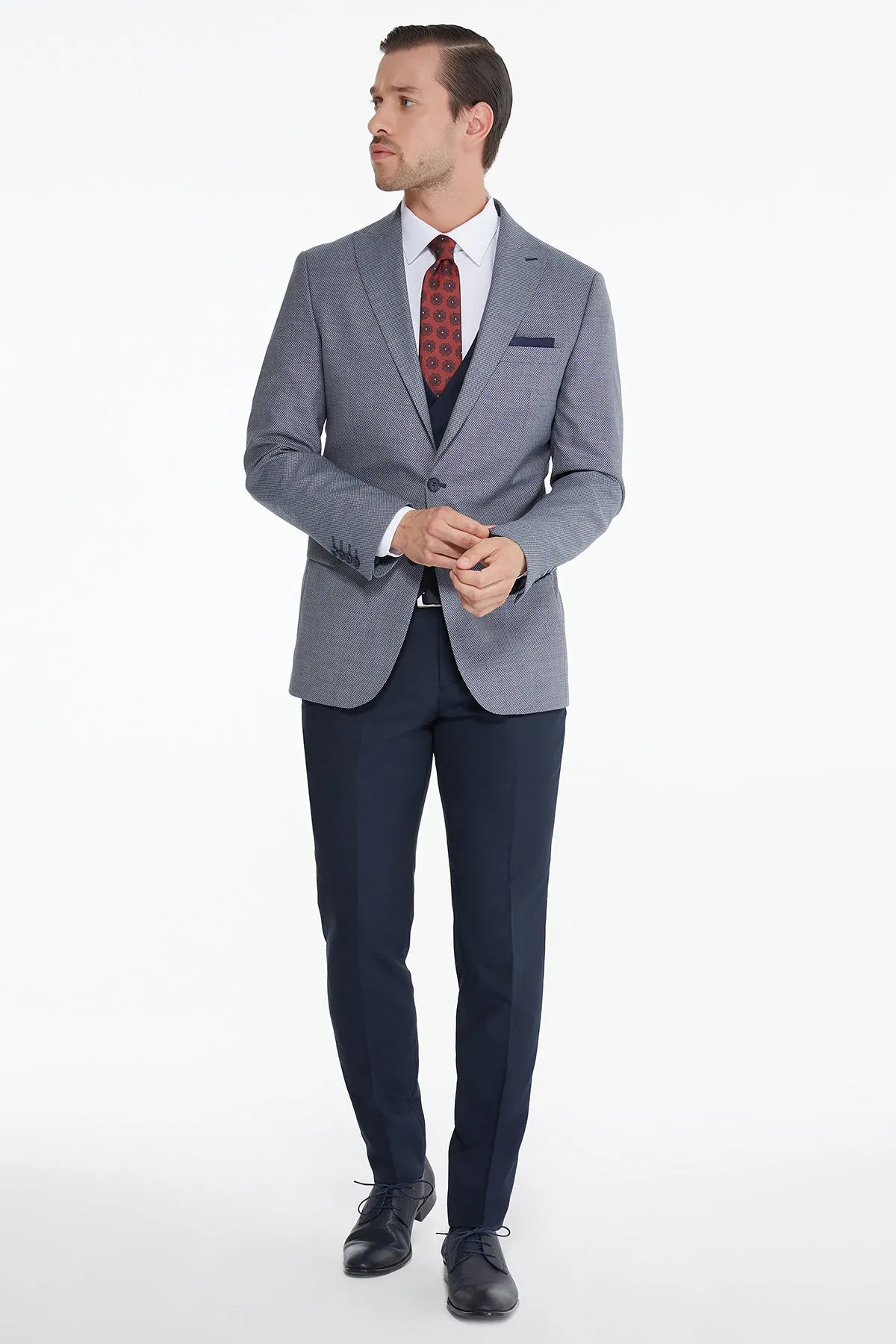 Slim Fit Gray - Navy Wool Blend Casual Suit with Vest