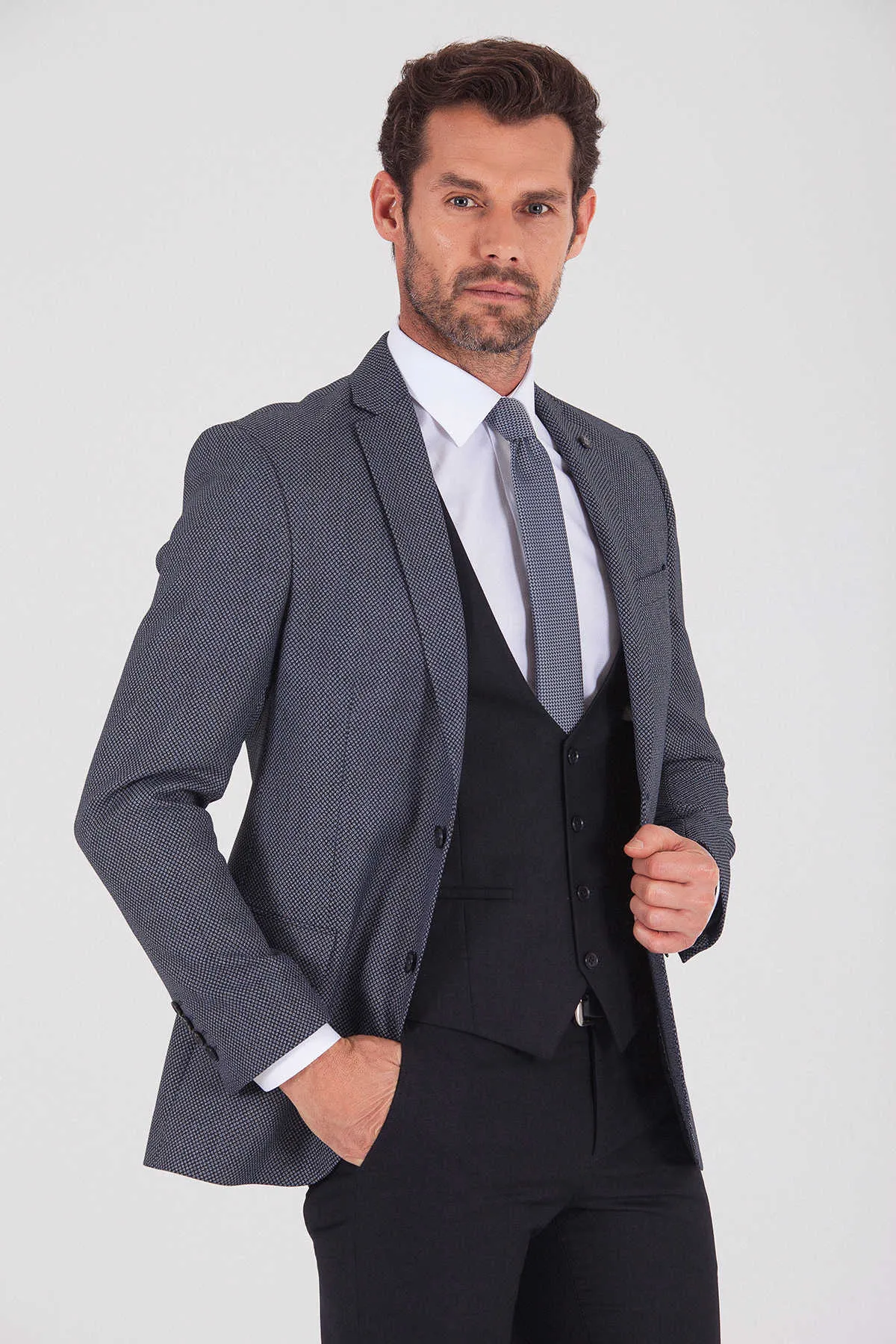 Slim Fit Notch Lapel Navy Classic Suit with Vest