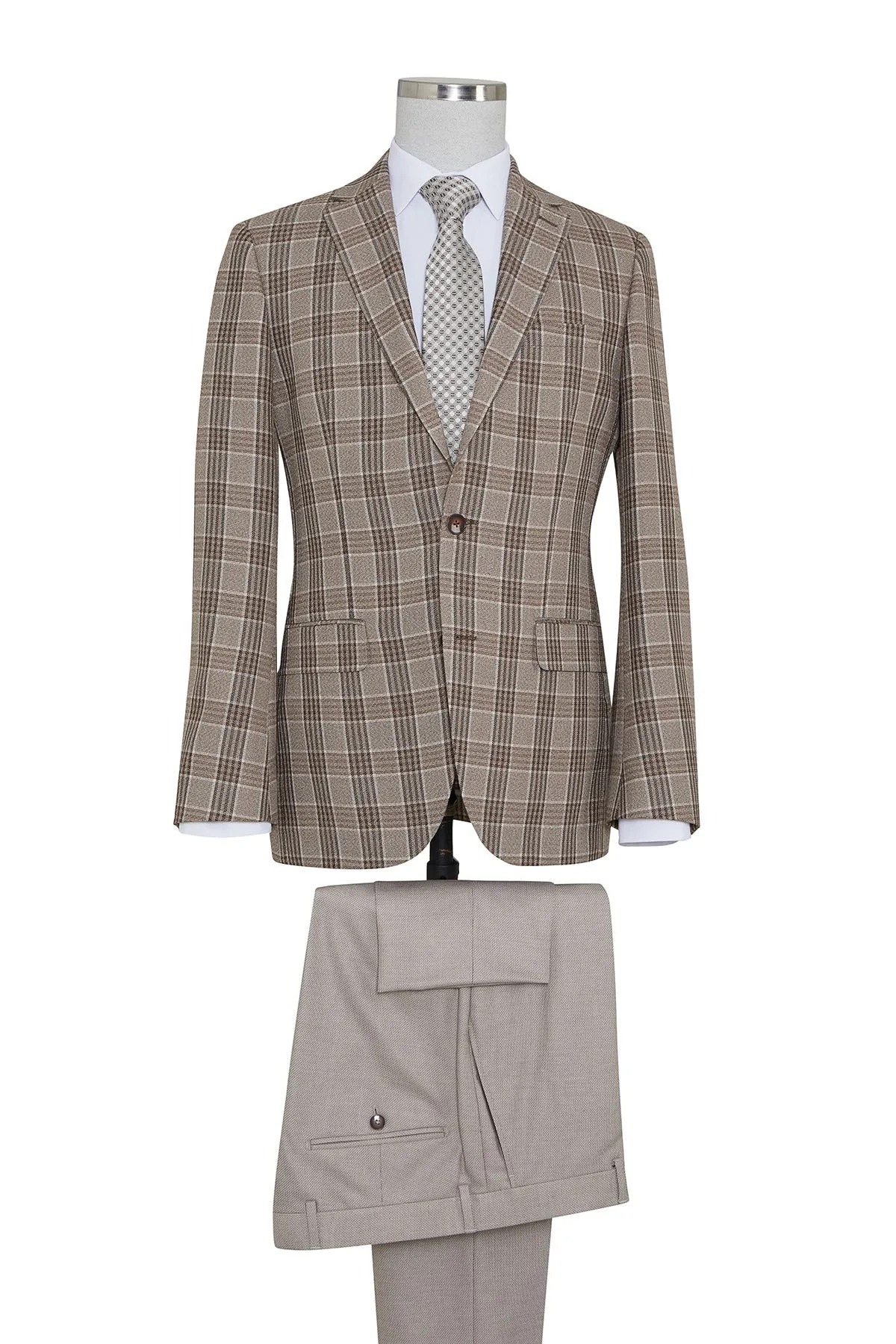 Slim Fit Notch Lapel Plaid Brown Casual Suit