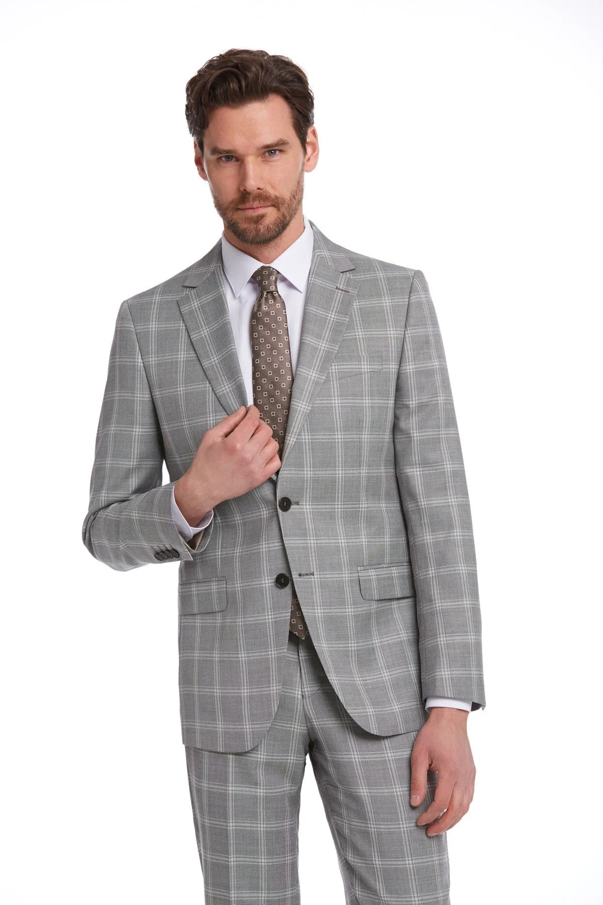 Slim Fit Notch Lapel Plaid Wool Blend Gray Classic Suit