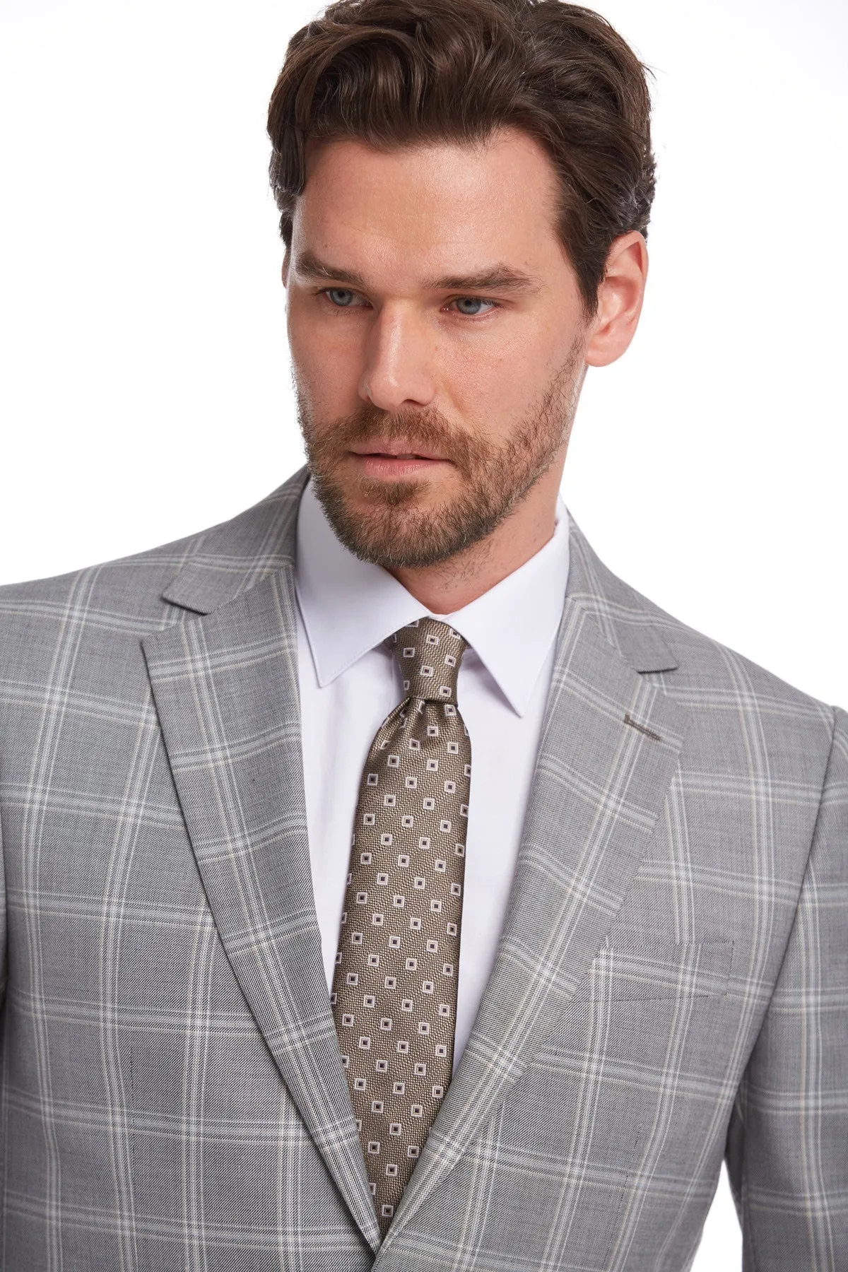 Slim Fit Notch Lapel Plaid Wool Blend Gray Classic Suit