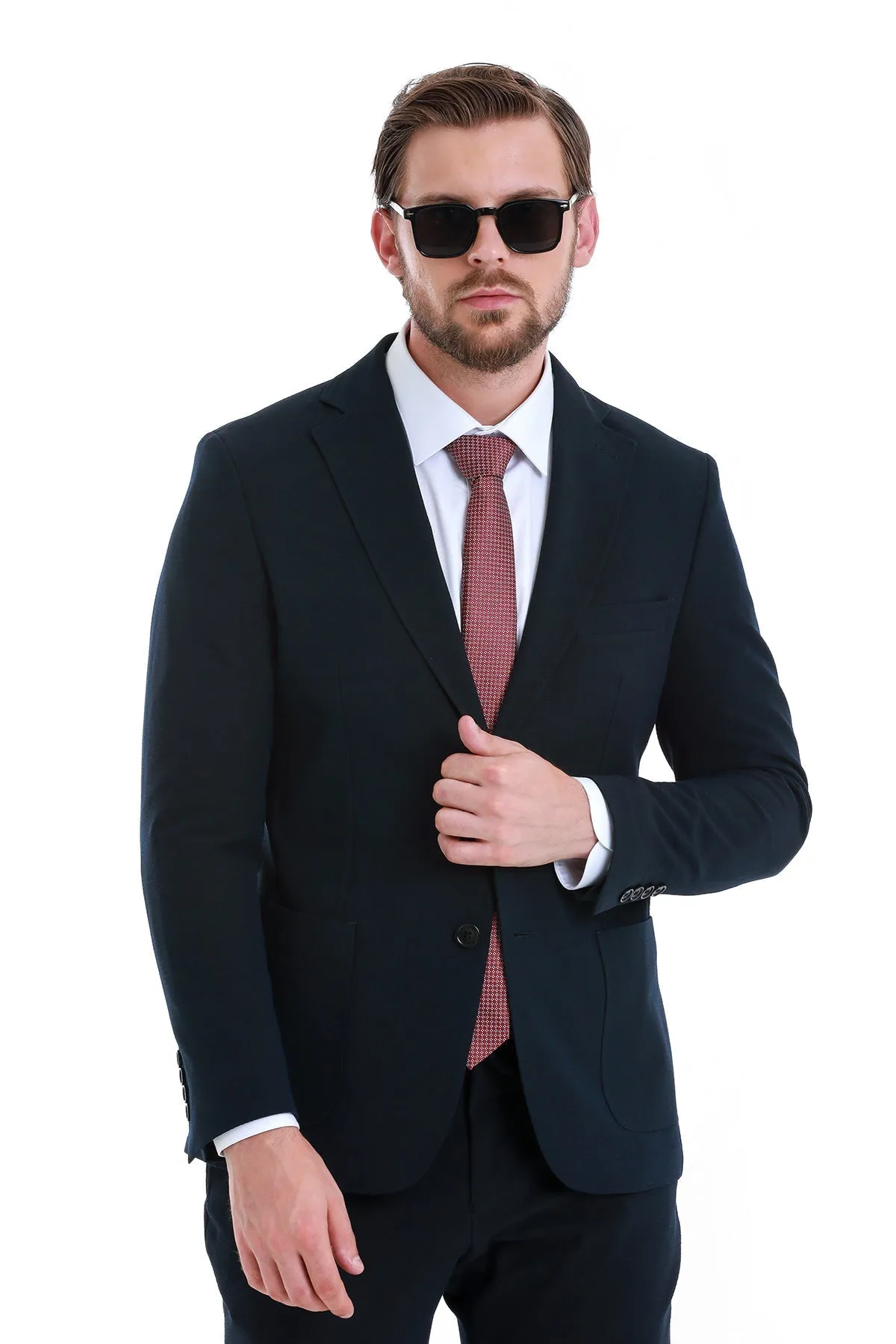 Slim Fit Notch Lapel Plain Navy Casual Suit