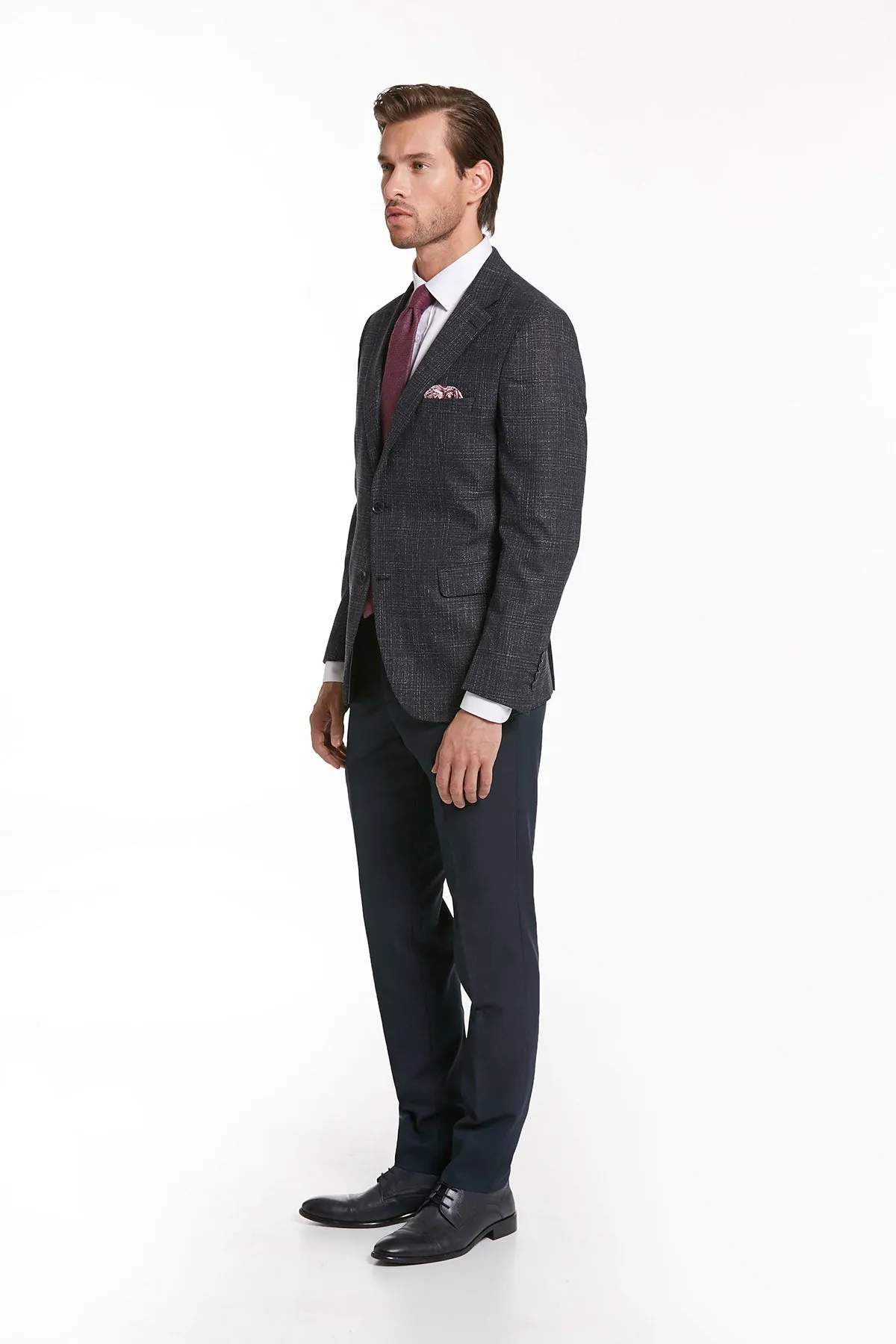 Slim Fit Notch Lapel Tonal Plaid Navy Casual Suit