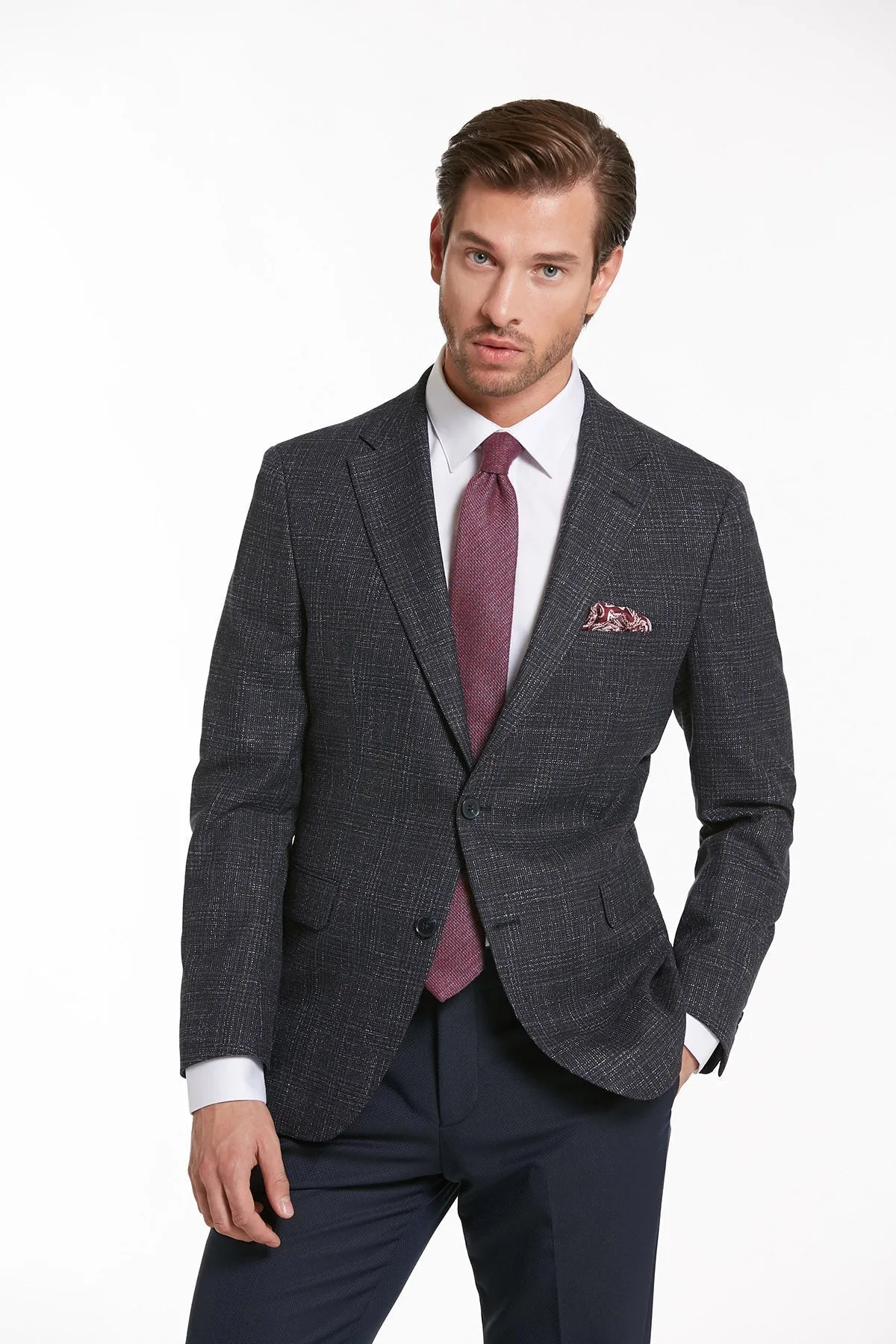 Slim Fit Notch Lapel Tonal Plaid Navy Casual Suit