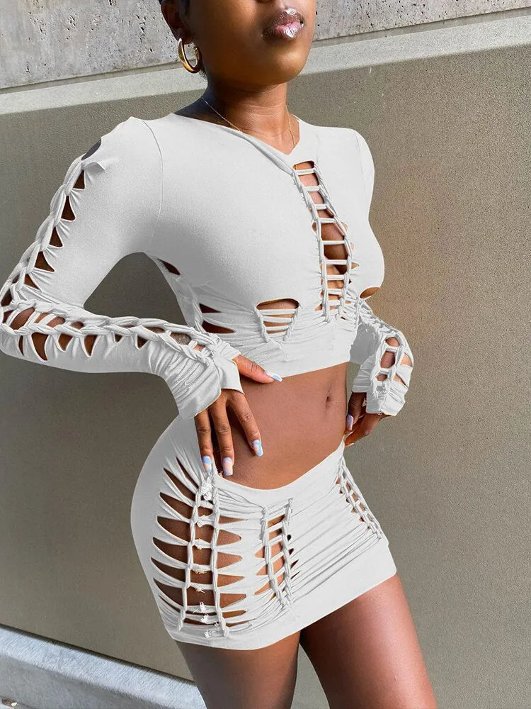 Slit Weave Braided Long Sleeve Top & Skirt Set