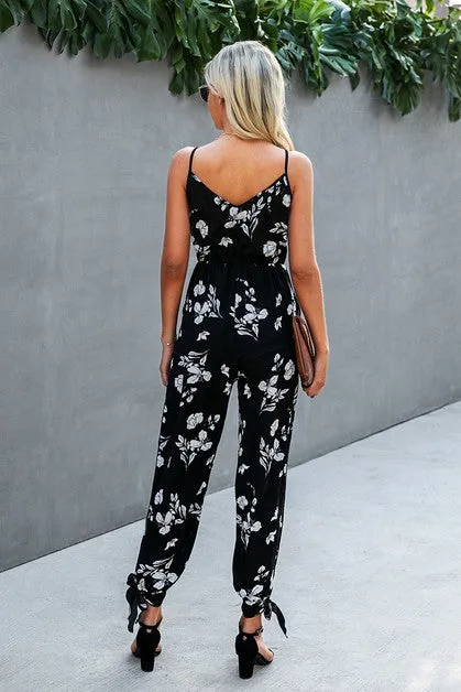 Spaghetti Strap Jumpsuit - Black Floral