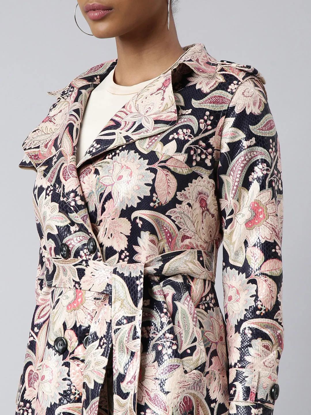 Women Floral Longline Beige Trench Coat