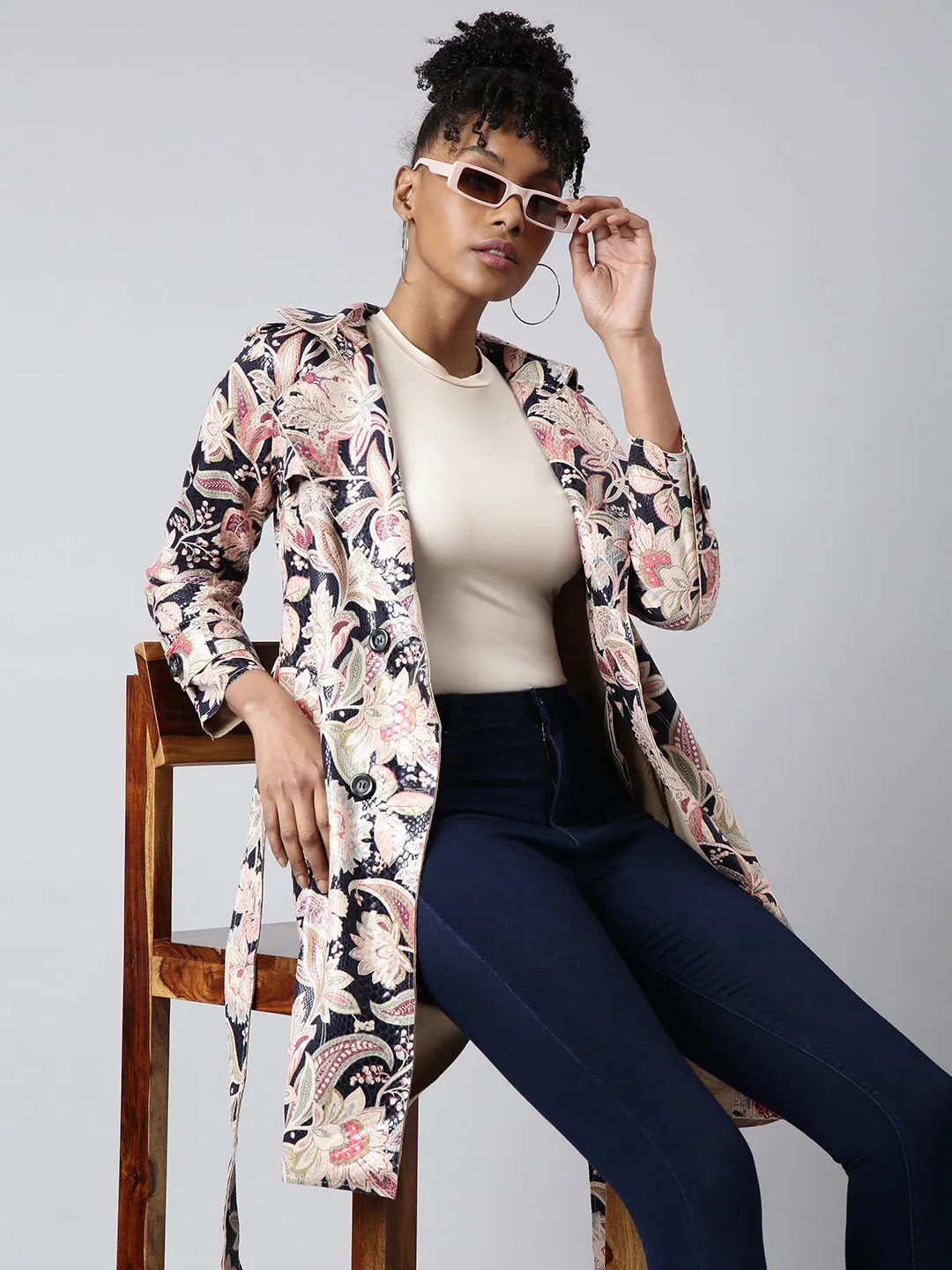 Women Floral Longline Beige Trench Coat