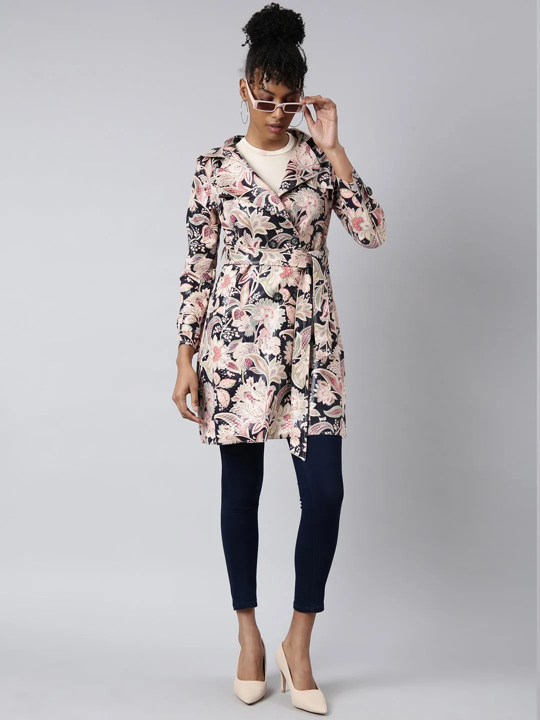 Women Floral Longline Beige Trench Coat