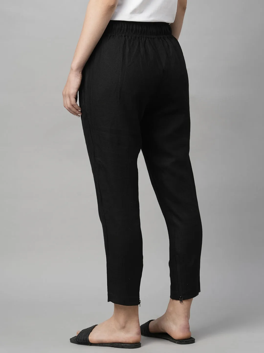 Women's Black Linen Regular Fit Pant