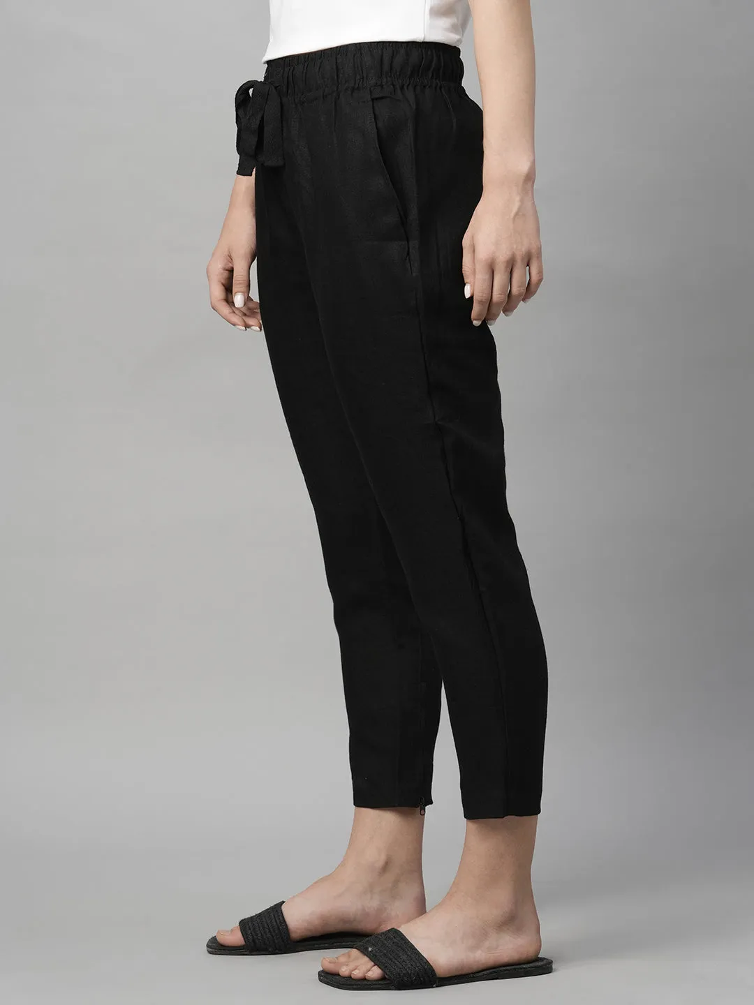 Women's Black Linen Regular Fit Pant