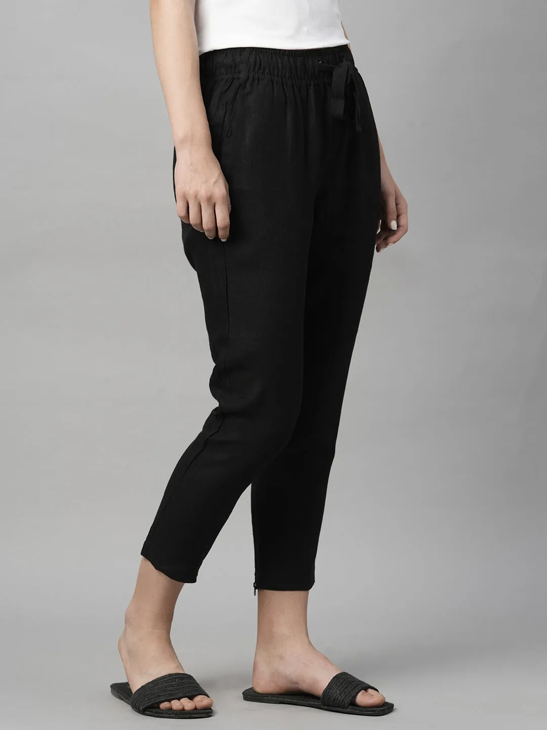 Women's Black Linen Regular Fit Pant