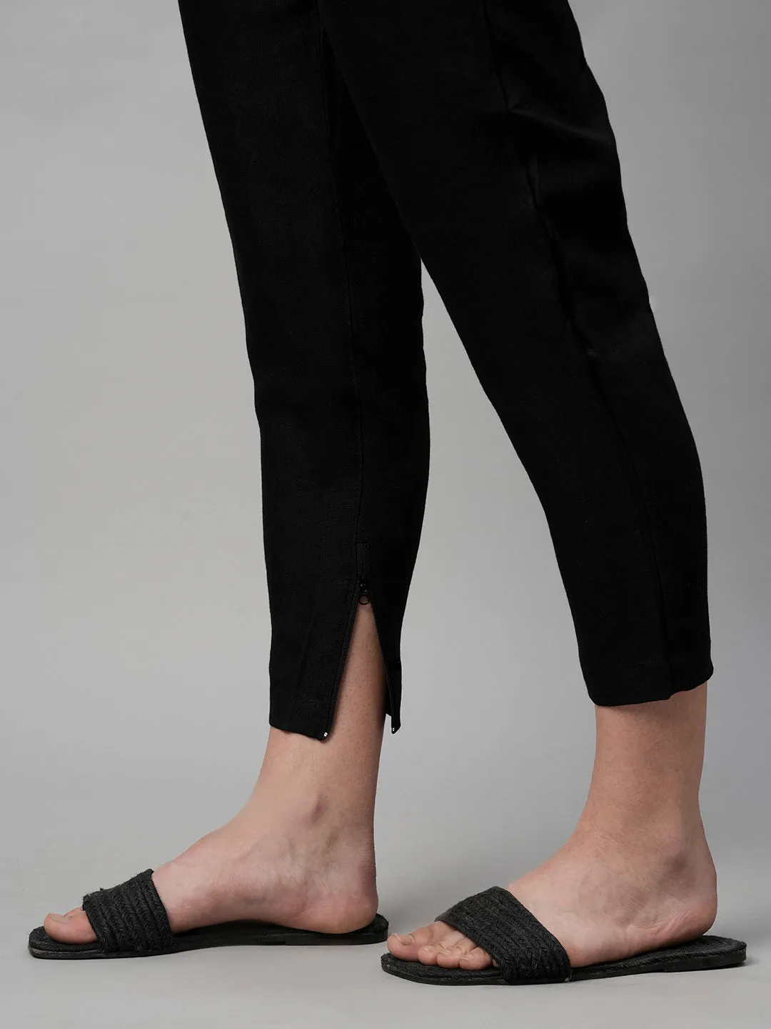 Women's Black Linen Regular Fit Pant