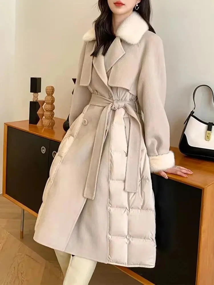 Women's Cashmere & Woolen Trench Coat with Fur Collar