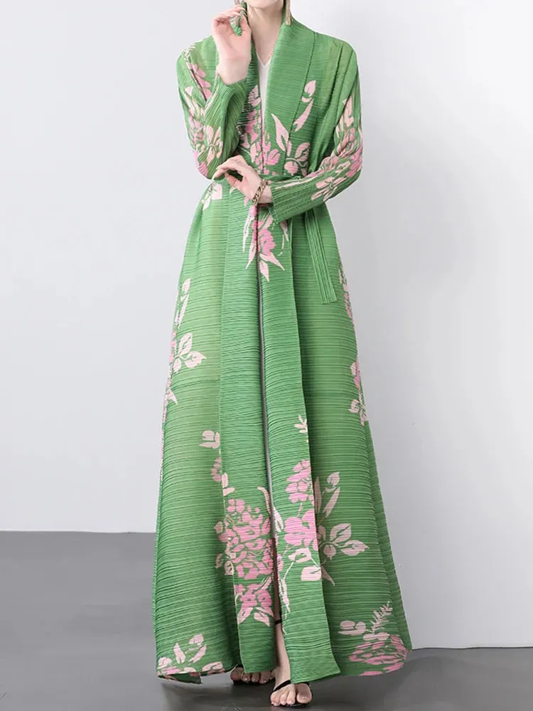 Women's Classy Floral & Leaf Long Pleated Coat