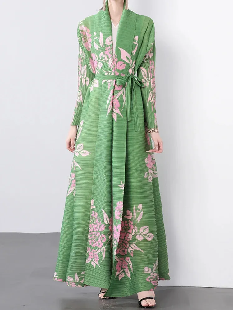 Women's Classy Floral & Leaf Long Pleated Coat