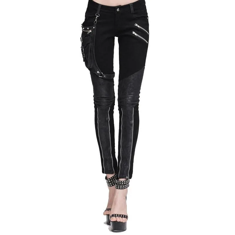 Women's Skinny Punk Pants With Leather Patches